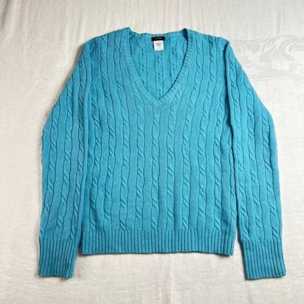 J.Crew Sweater Womens S Blue Merino Wool Cashmere Cable Knit V Neck